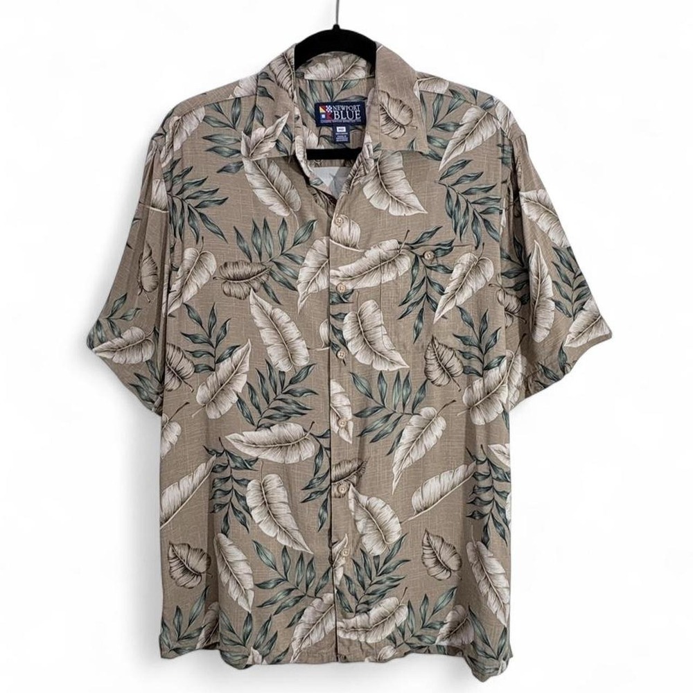 Hawaiian Camp Shirt Resort wear Neutral Tropical Leaf Modern Newport Blue MD